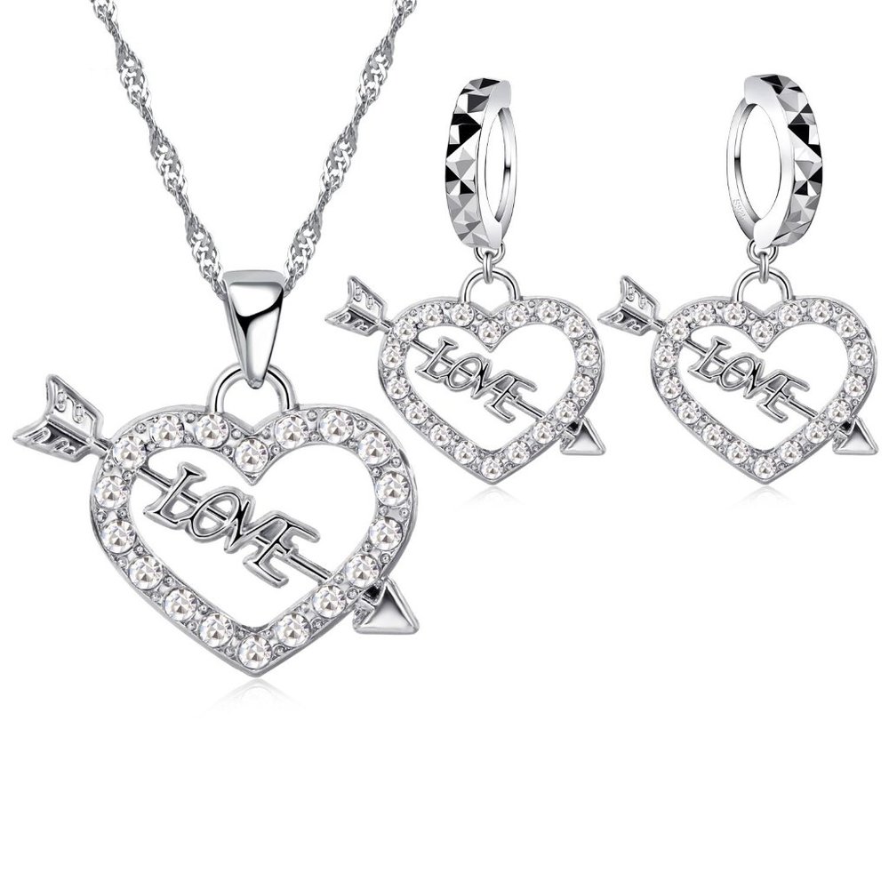 Heart Necklace Earrings 925 Sterling Silver Set Gift Bundle